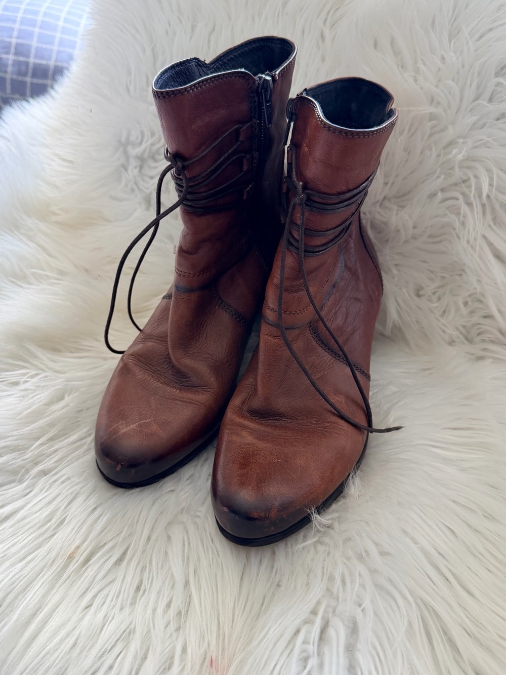 Fluchos Brown Leather Ankle Boots Women’s Size 37 Made In Spain Lace Up Zip